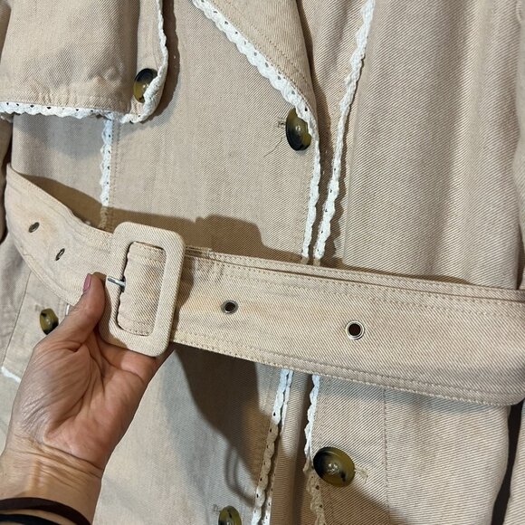 Avec Les Filles Anthropologie Rickrack Trench coat Beige Large Cotton Linen Lace - Picture 11 of 16